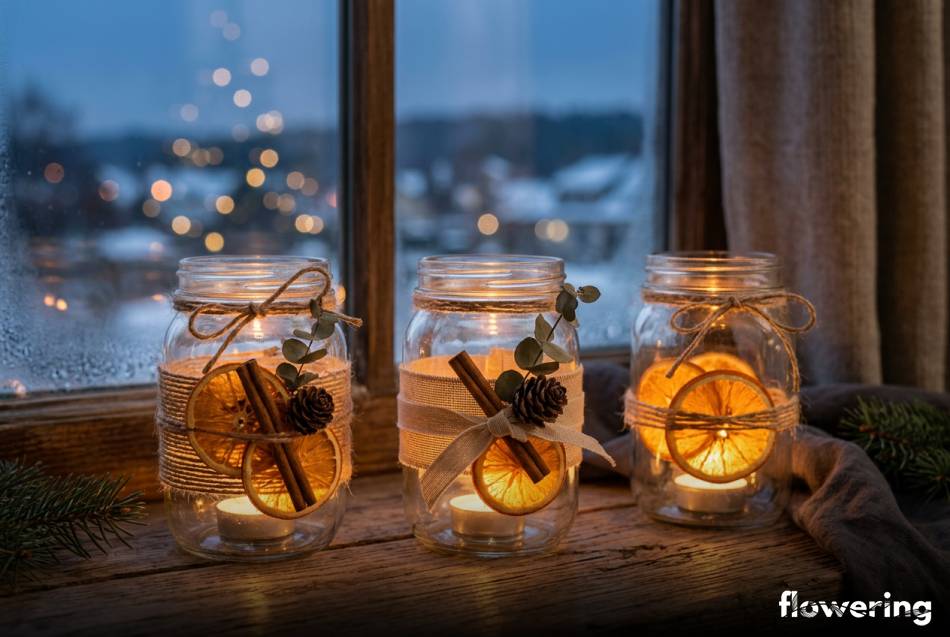 Lampiony ze słoików z jutowym sznurkiem i pomarańczami na parapecie