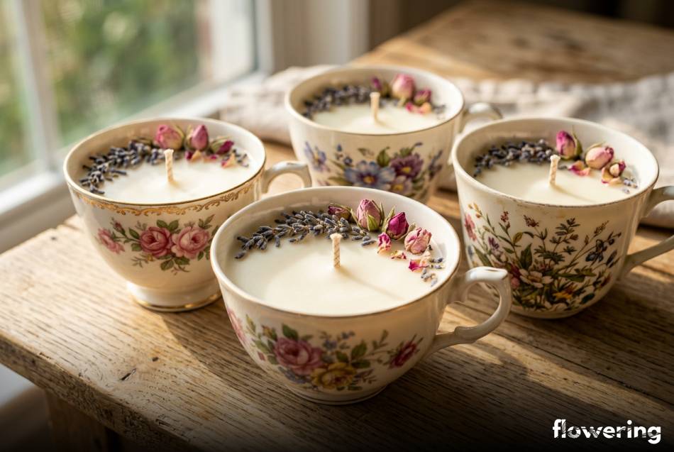Ekologiczne świece sojowe w porcelanowych filiżankach z suszonymi kwiatami