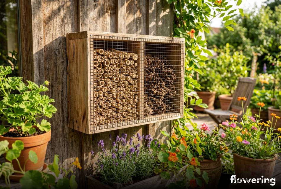 Drewniany domek dla owadów z szyszkami i trzciną