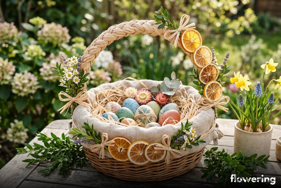 Koszyczek wielkanocny ozdobiony suszonymi plastrami cytrusów i naturalną rafią