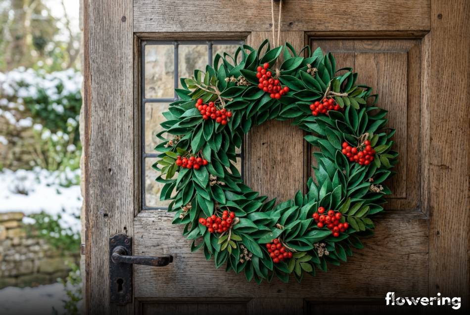 Ekologiczny wieniec bożonarodzeniowy z zielonych rolek i jarzębiny