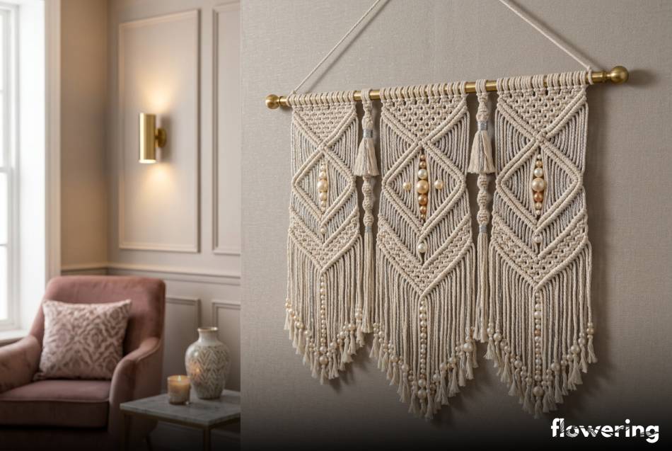 Elegancka makrama ze srebrną nicią i szklanymi perłami