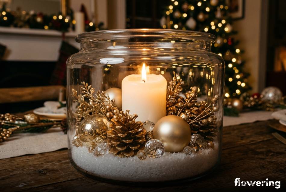 Elegancki stroik glamour w słoiku ze złotymi ozdobami i białą świecą