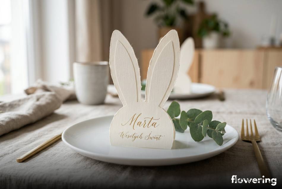 Elegancka papierowa winietka w kształcie uszu królika na talerzu