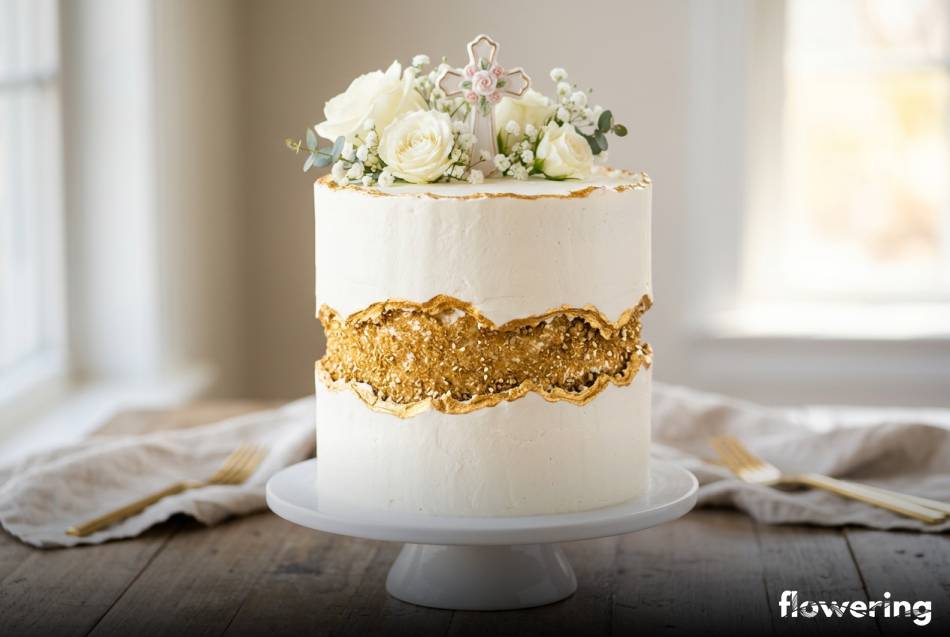 Biały tort komunijny ze złotą szczeliną fault line