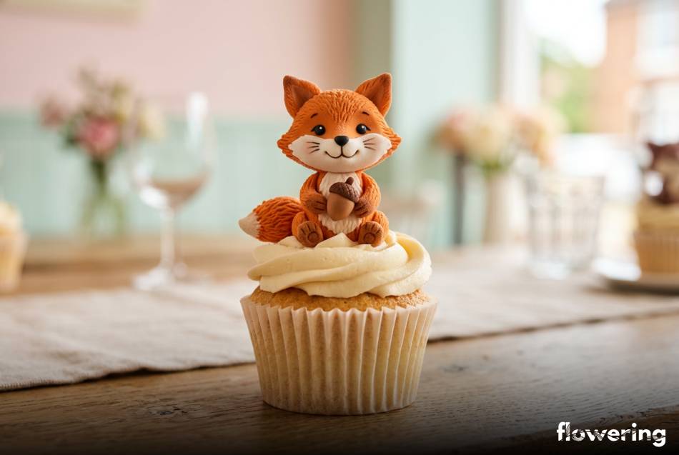 Figurka liska z masy cukrowej na muffince z kremem