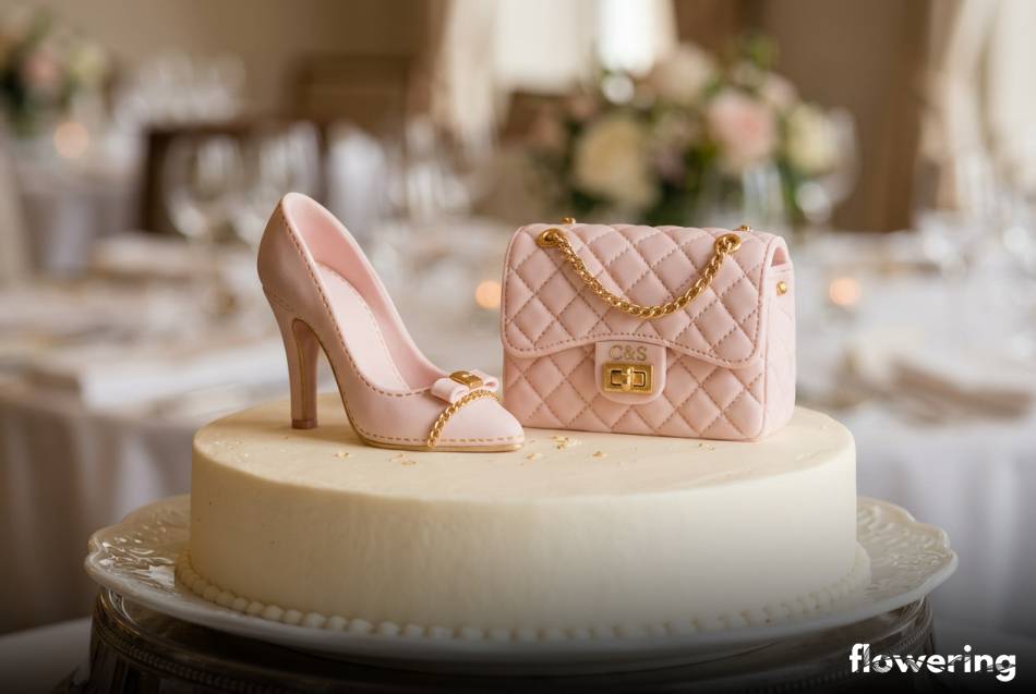 Różowa szpilka i torebka z masy cukrowej na torcie