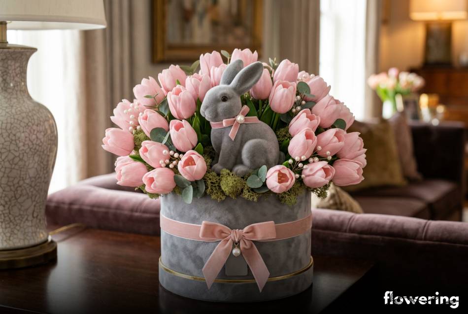 Welurowy flower box z pudrowymi tulipanami i figurką zająca
