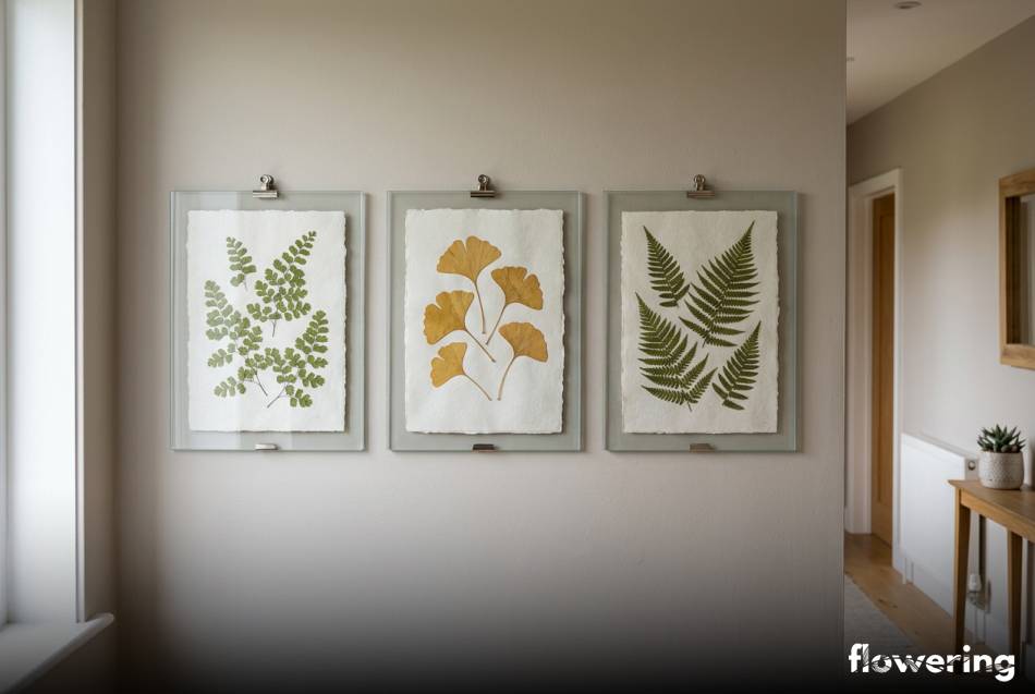 Galeria botaniczna z suszonymi liśćmi paproci i miłorzębu w przedpokoju
