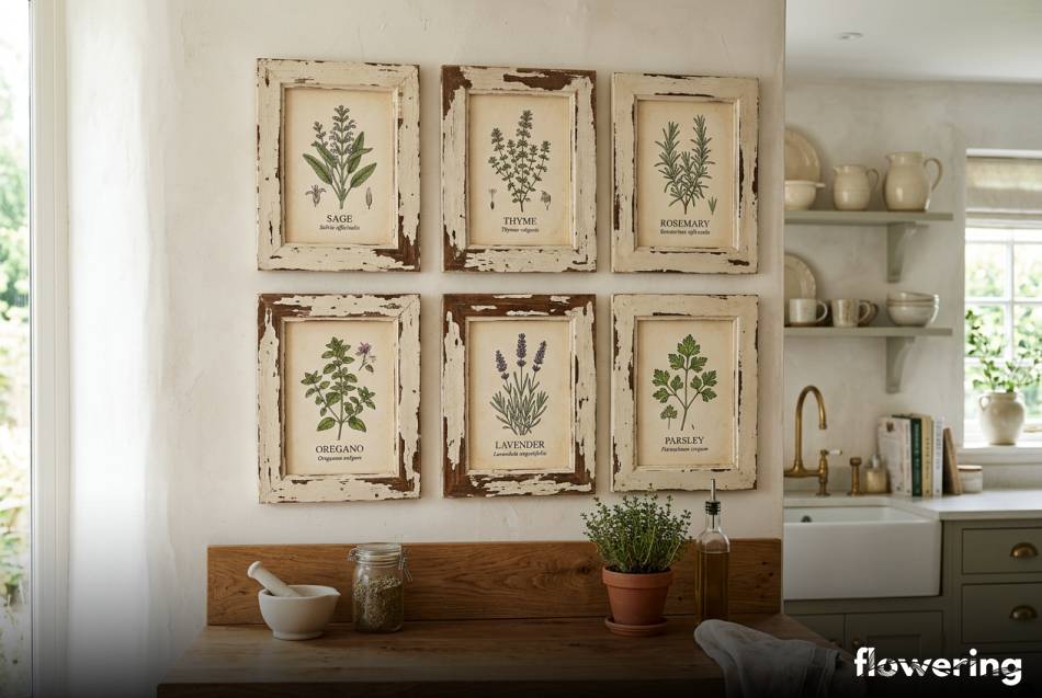 Zestaw botanicznych grafik w postarzanych ramkach w kuchni