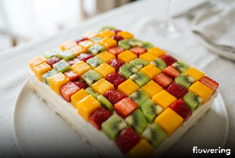 Geometryczna mozaika z kostek mango kiwi i truskawek na torcie