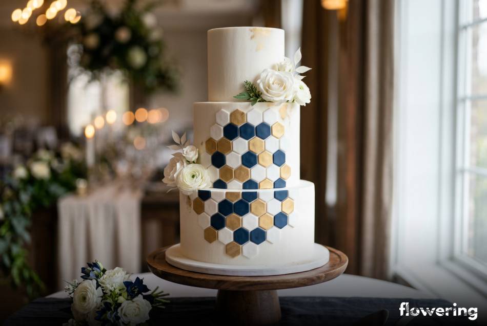 Geometryczna mozaika z heksagonów z fondantu na boku tortu