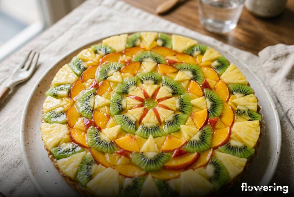 Geometryczna mozaika z kiwi brzoskwini i ananasa na torcie