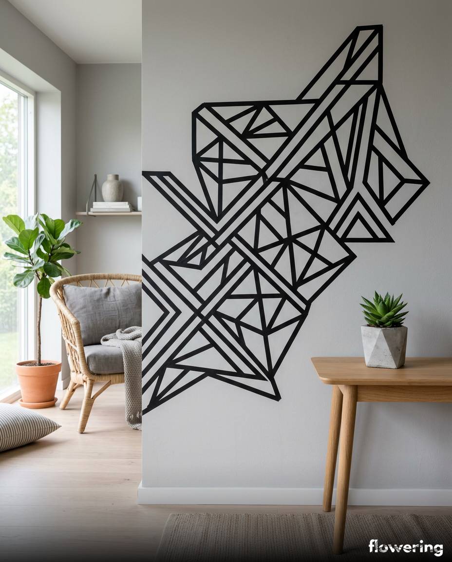 Geometryczny wzór z czarnej taśmy washi tape na ścianie
