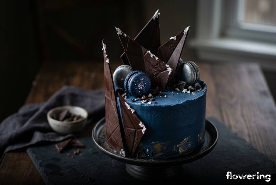 Czekoladowe żagle z jadalnym srebrem i niebieskimi makaronikami