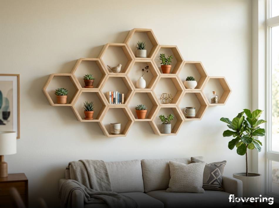 Geometryczne półki ze sklejki na jasnej ścianie