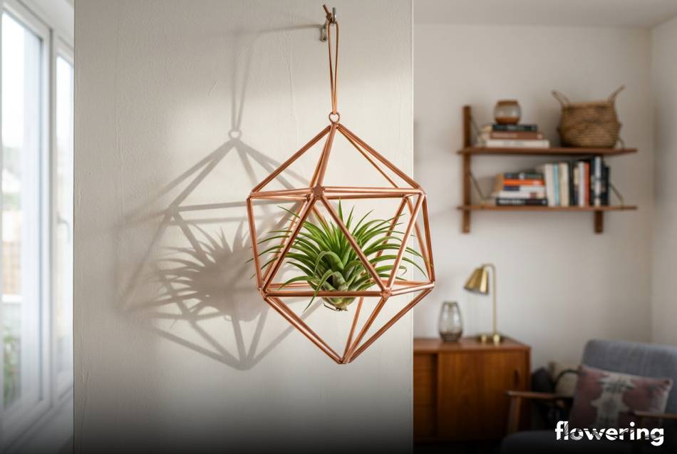 Geometryczny kwietnik z miedzi z oplatwa na scianie