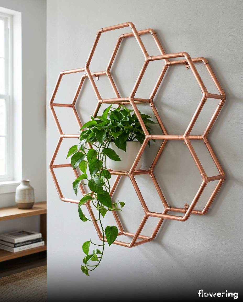 Nowoczesny geometryczny kwietnik z miedzianych rurek na ścianie
