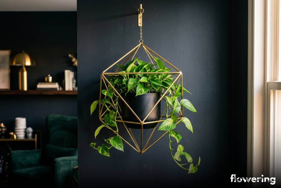 Geometryczny kwietnik z mosiężnych rurek z epipremnum aureum