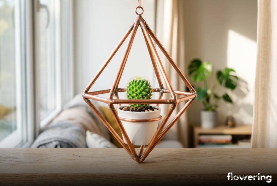 Geometryczny miedziany kwietnik z małym kaktusem na słonecznym parapecie