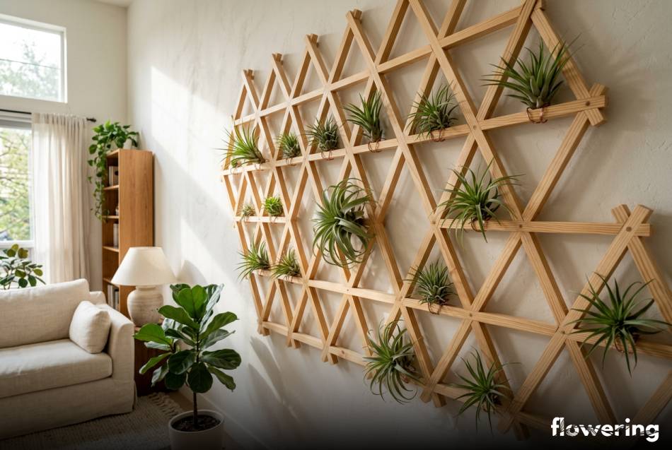 Geometryczny panel z drewnianych listewek z oplątwami