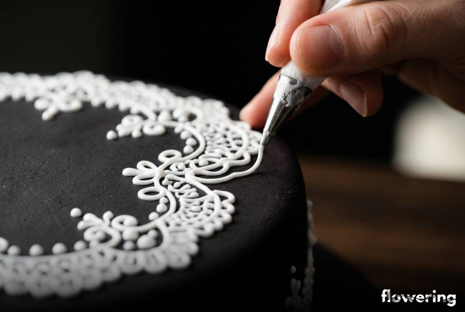 Biała filigranowa koronka z lukru królewskiego na torcie