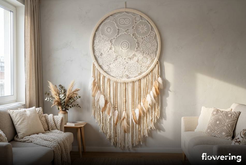 Gigantyczny łapacz snów z piór i koronkowych serwetek