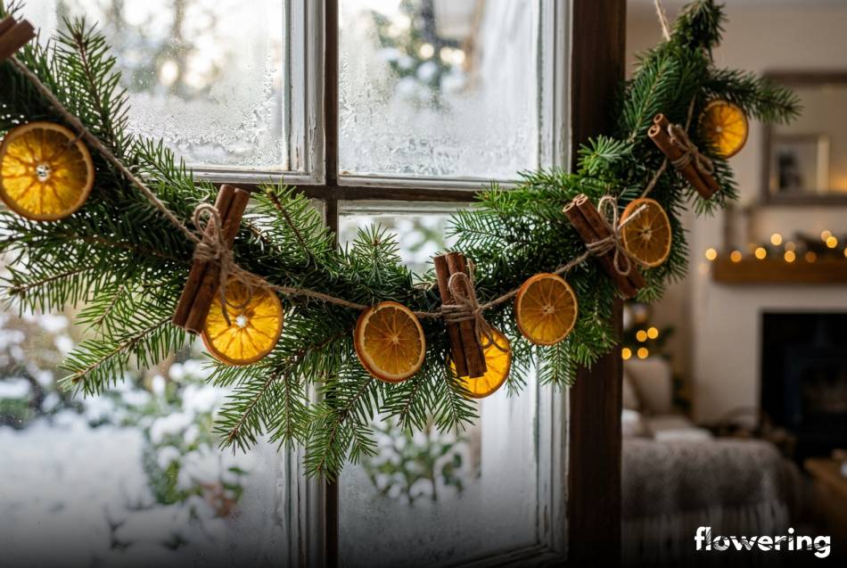 Girlanda okienna z suszonych pomarańczy cynamonu i świerku