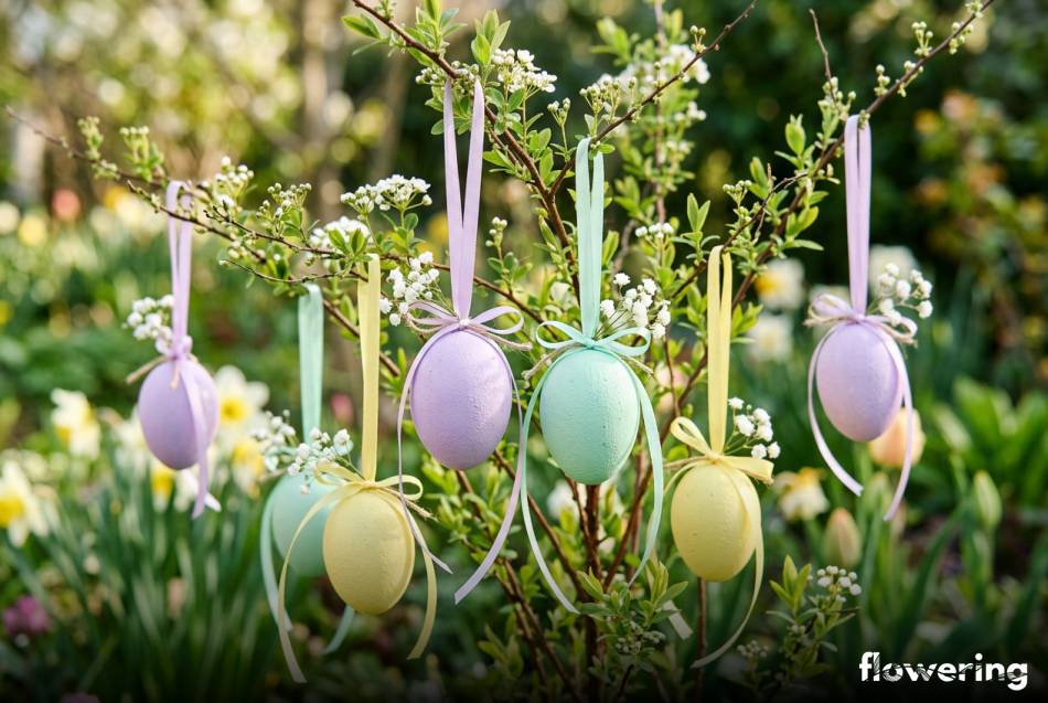 Girlanda z pastelowych pisanek i wstążek na krzewie
