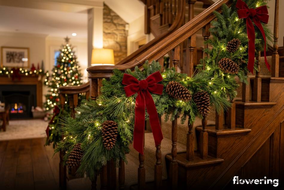 Naturalna girlanda ze świerku i sosny z czerwoną wstążką