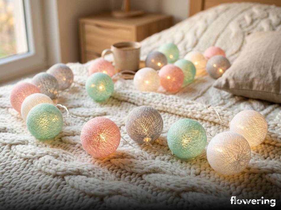 Girlanda z bawełnianych kul na jasnym kocu