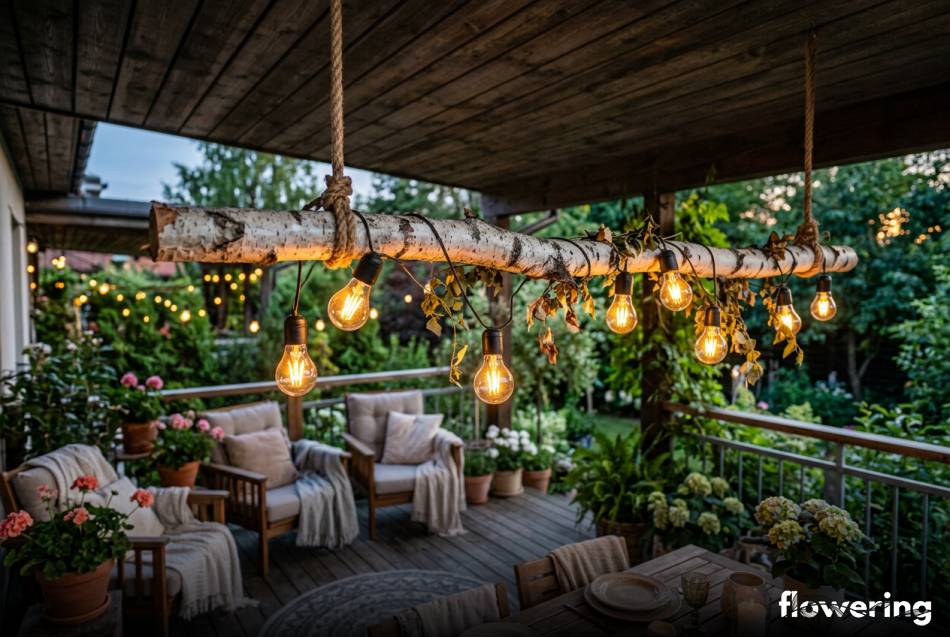 Girlanda z żarówkami na brzozowej gałęzi zawieszona na tarasie