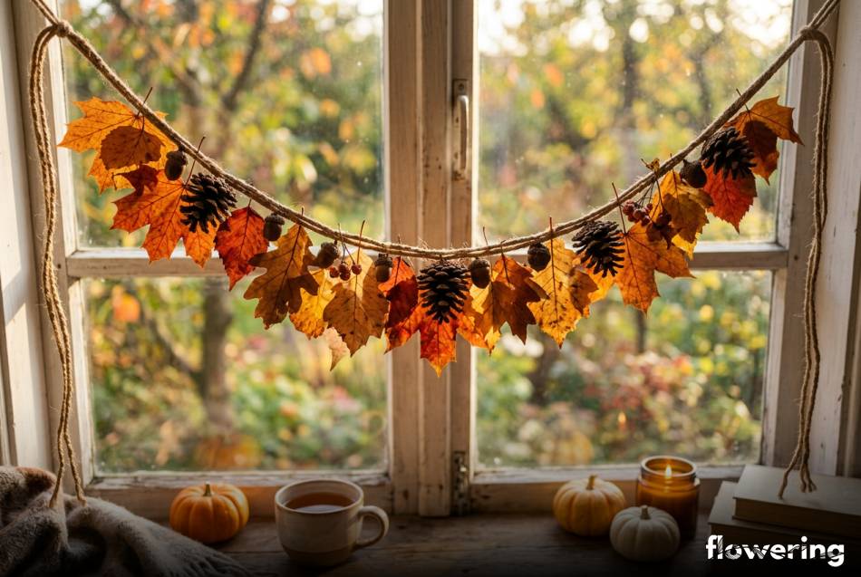 Jesienna girlanda z liści i szyszek nad parapetem