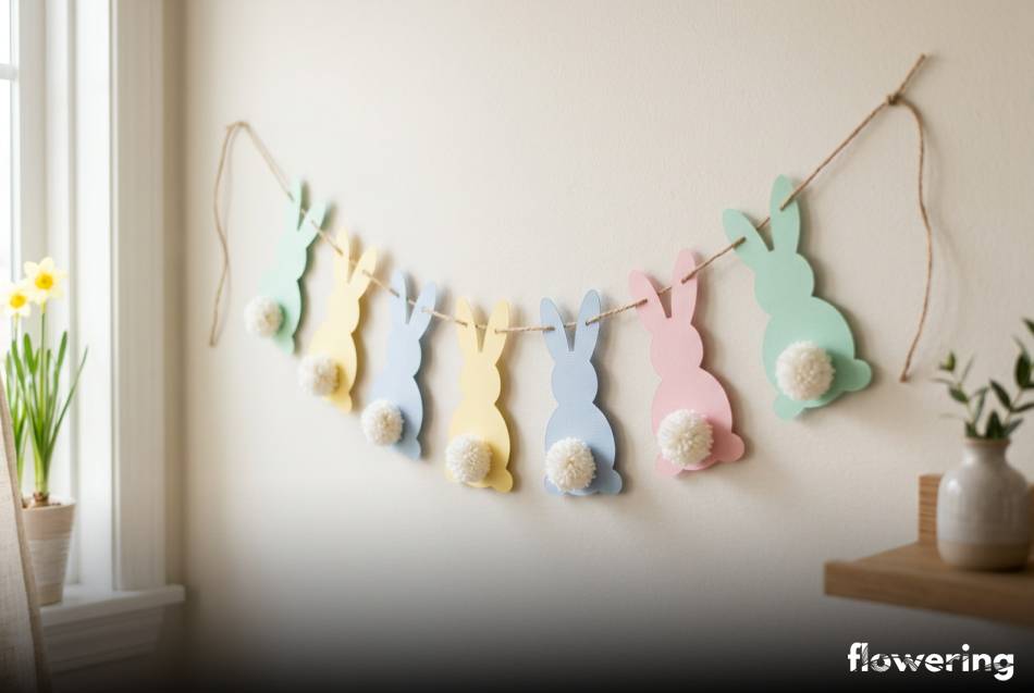 Pastelowa girlanda z papierowych zajączków z puszystymi ogonkami