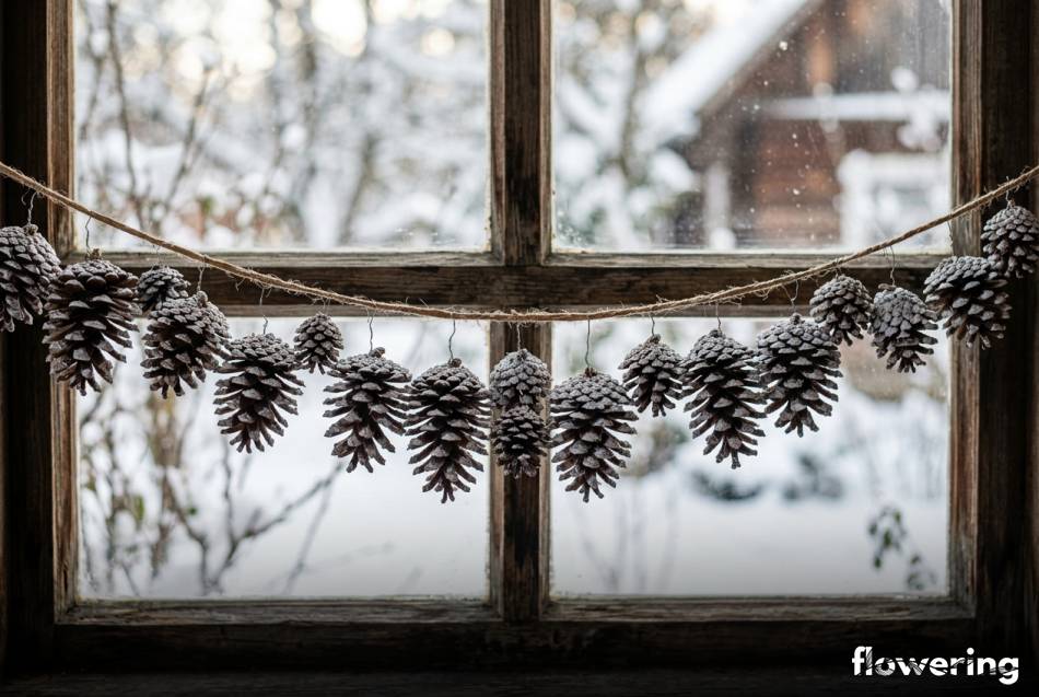 Girlanda z białych szyszek sosnowych na zimowym oknie