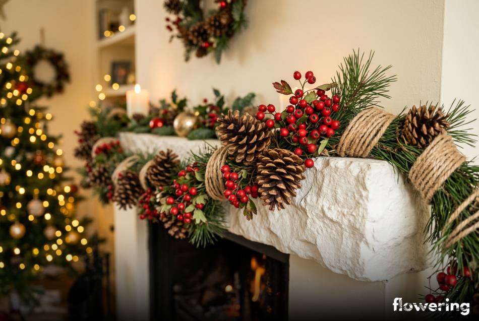 Rustykalna girlanda z szyszek i czerwonego głogu na kominku