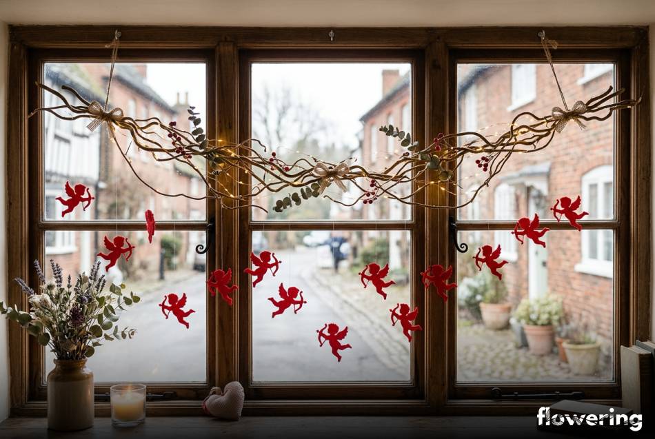 Girlanda z wierzby mandżurskiej i czerwonych filcowych amorków w oknie