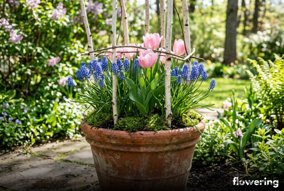 Gliniana donica z szafirkami tulipanami i brzozowymi gałązkami w ogrodzie