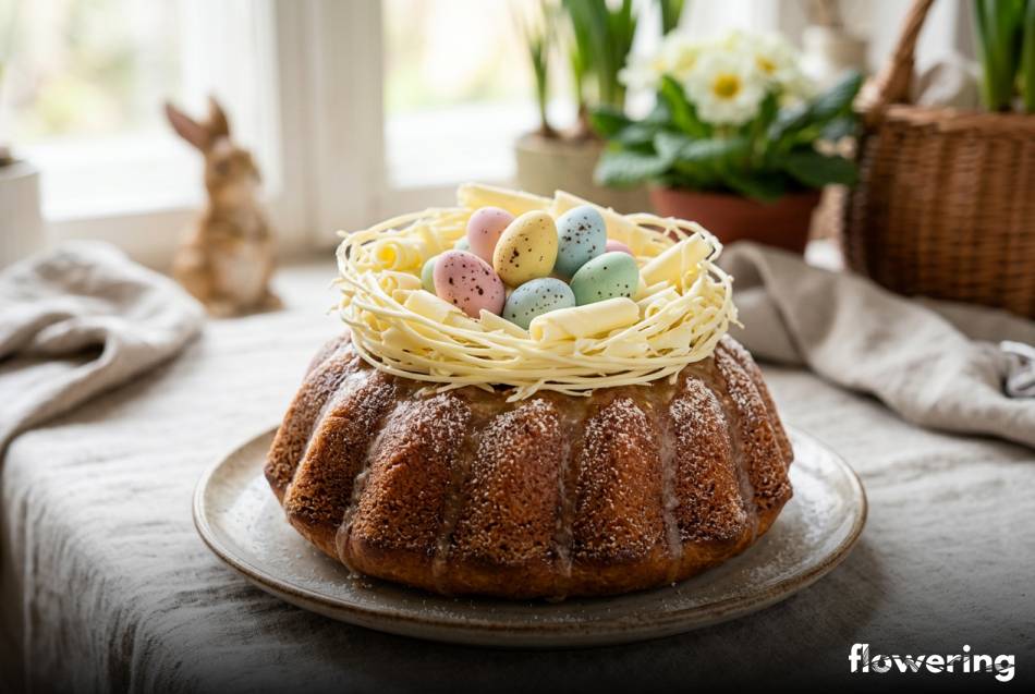 Gniazdko z białej czekolady z marcepanowymi jajeczkami na babce wielkanocnej