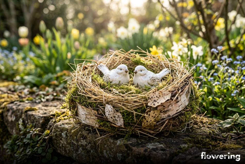 Ręcznie plecione gniazdko wielkanocne z siana i mchu