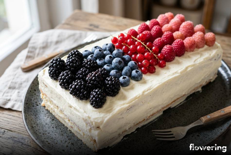 Dekoracja tortu owocami w stylu ombre od jeżyn do malin