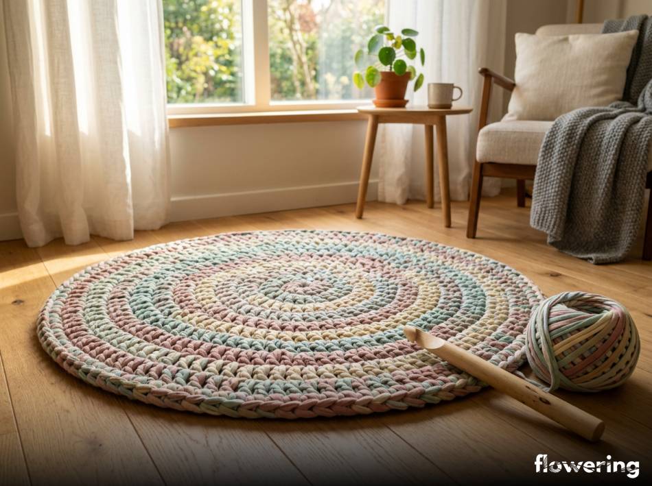 Gruby szydełkowy dywanik z włóczki w przytulnym pokoju
