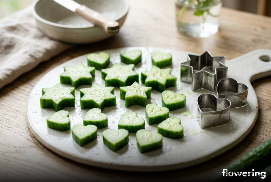 Dekoracyjne gwiazdki i serduszka wycięte z grubych plastrów ogórka