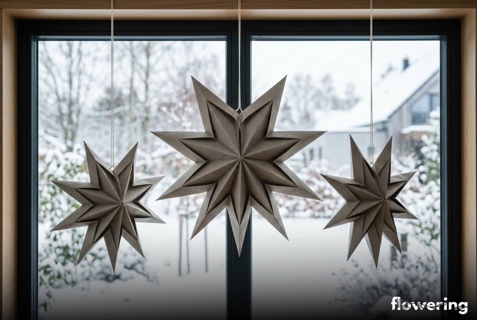 Trójwymiarowe gwiazdy z szarego papieru pakowego wiszące w oknie