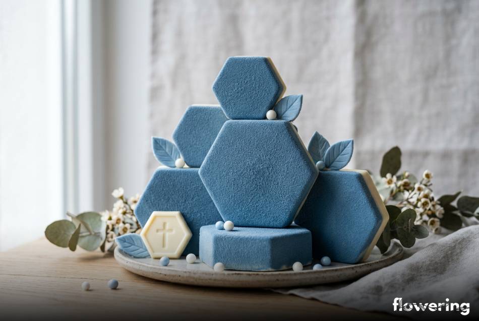 Błękitne czekoladowe heksagony z efektem zamszu na jasnym tle