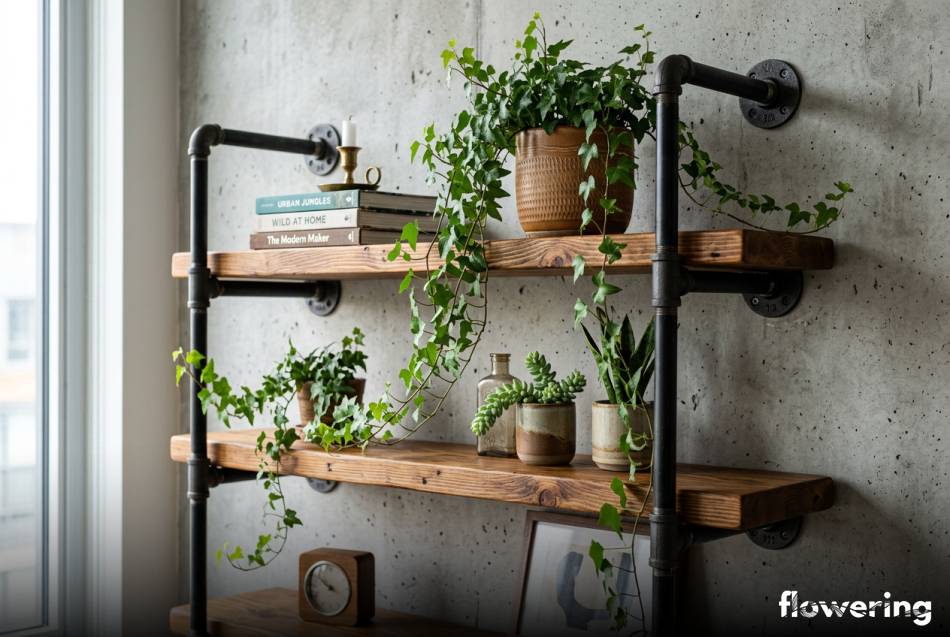 Industrialna półka z rur i desek z pnącym bluszczem