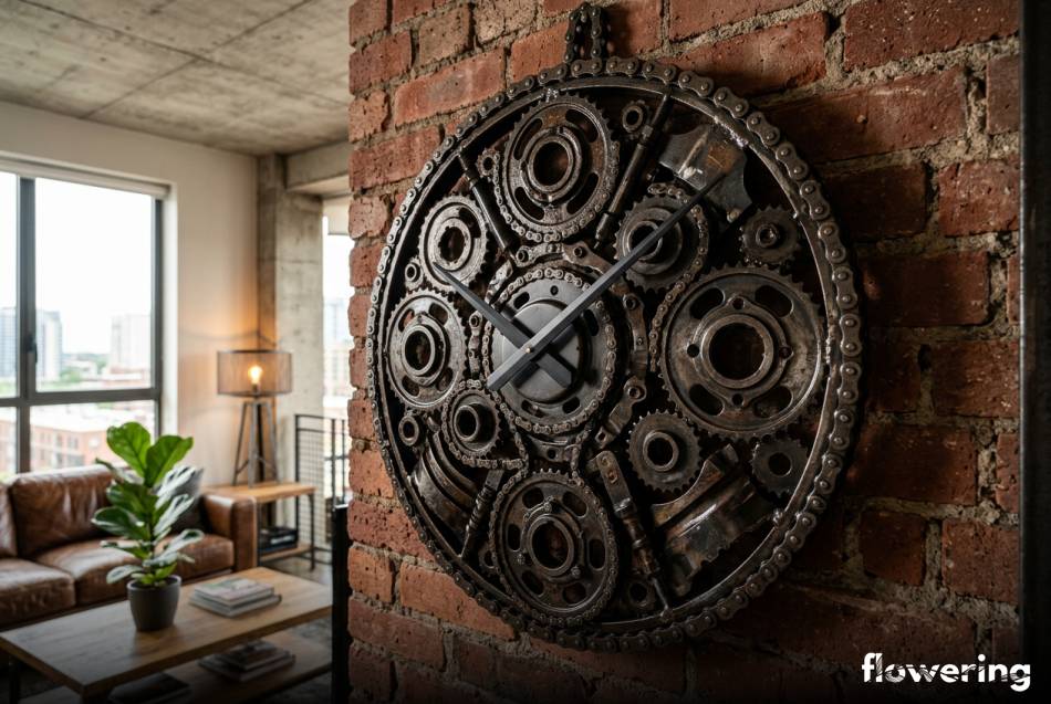 Industrialny zegar z kół zębatych na ceglanej ścianie