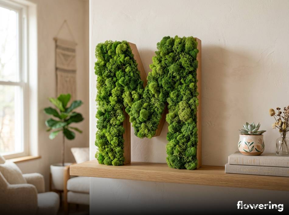 Trójwymiarowe inicjały ze sklejki oklejone zielonym mchem