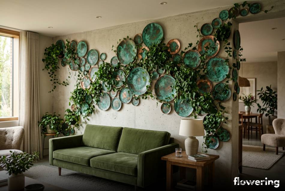 Oksydowane talerze miedziane z bluszczem na scianie