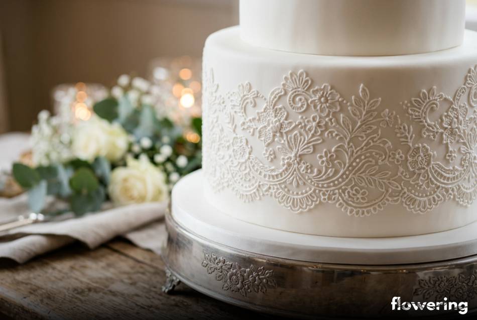 Biała jadalna koronka z lukru na dolnym piętrze tortu